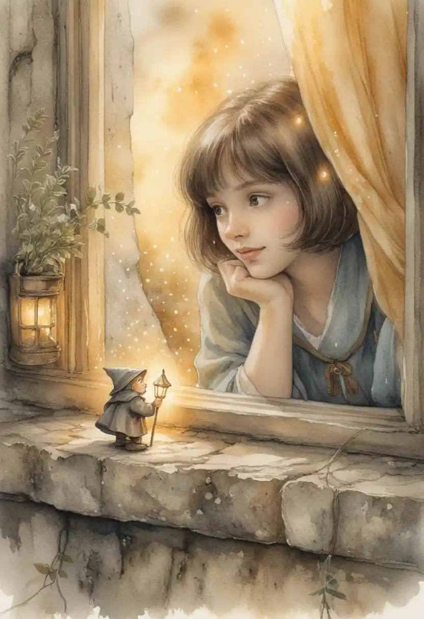Girl Watching A Tiny Gnome At An Old Stone Window