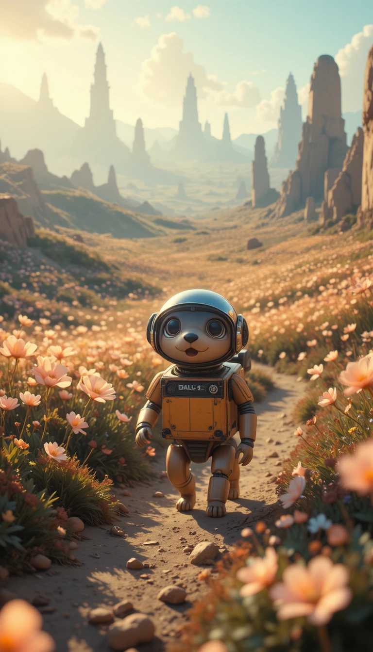 Playful dog in a robot helmet exploring surreal golden hills