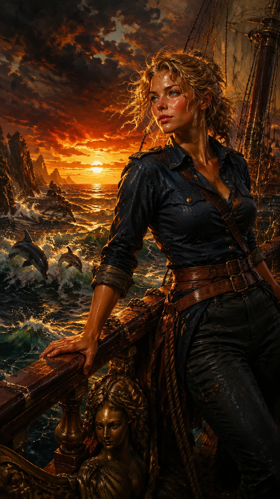 Young sailor at sunset on the deck of a pirate ship