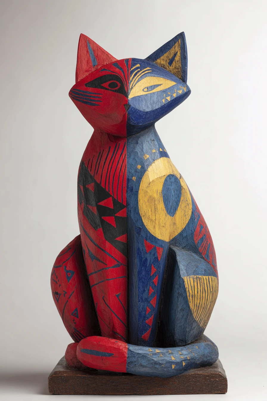 Abstract wooden cat sculpture in bold split colors