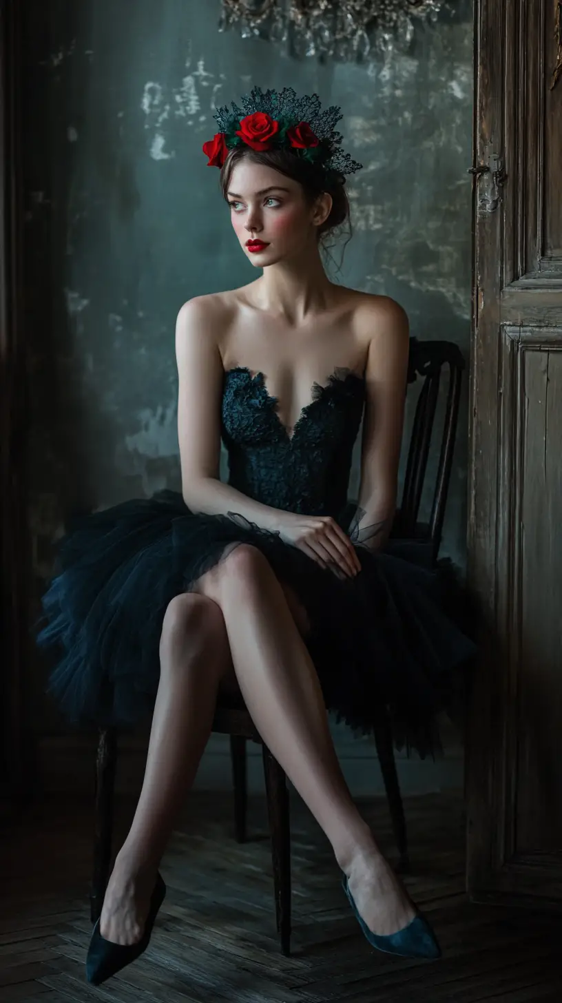 Ballerina im blauen Tutu, die sich nach vorne auf einen Holzschemel lehnt