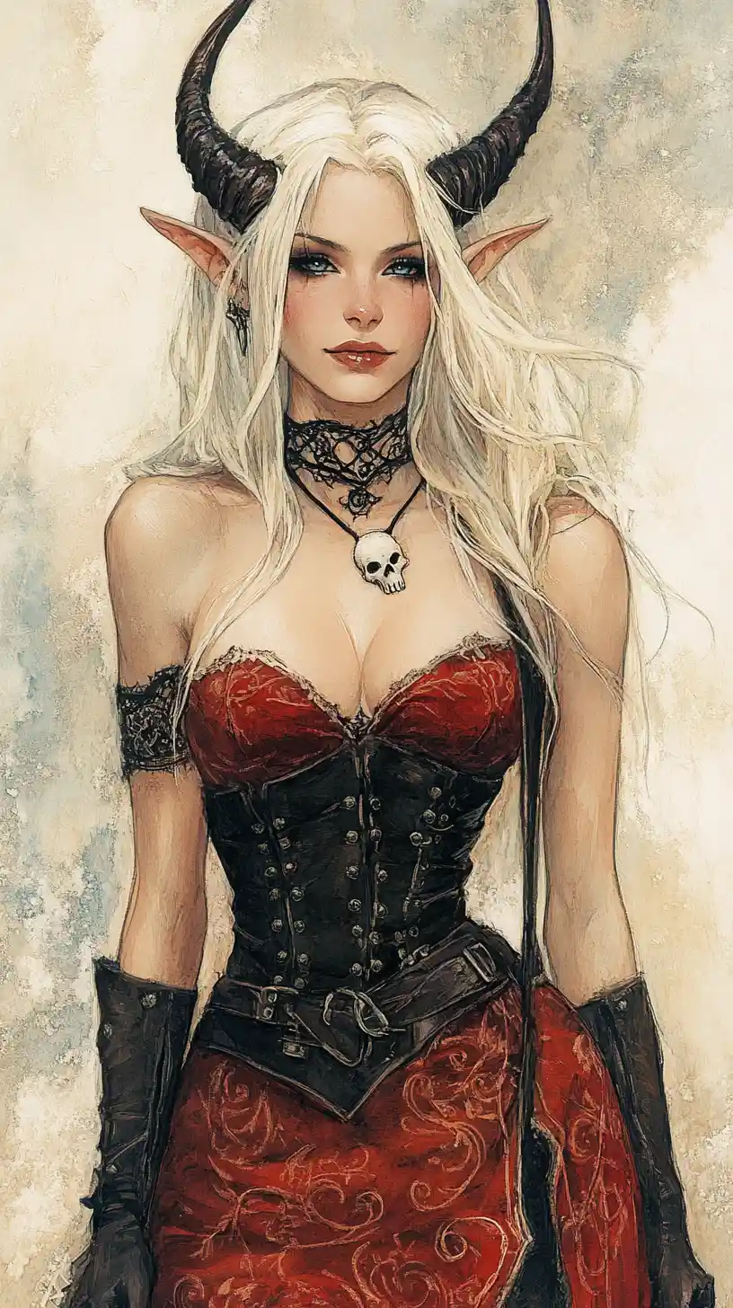 Elegant tiefling woman in red silk gown and corset