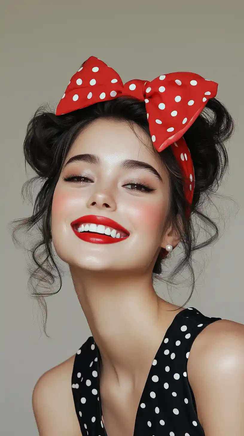 Cheerful pin up woman with red polka dot headband