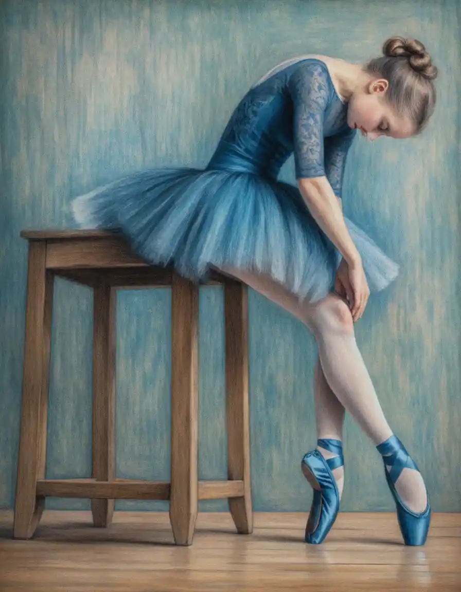 Contemplative ballerina seated on a rustic wooden stool