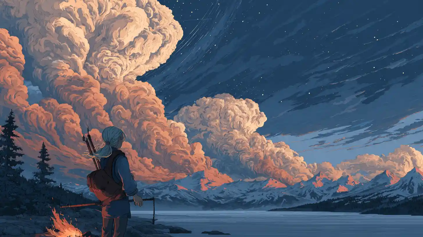 Teenage girl watching towering clouds over snowy mountains