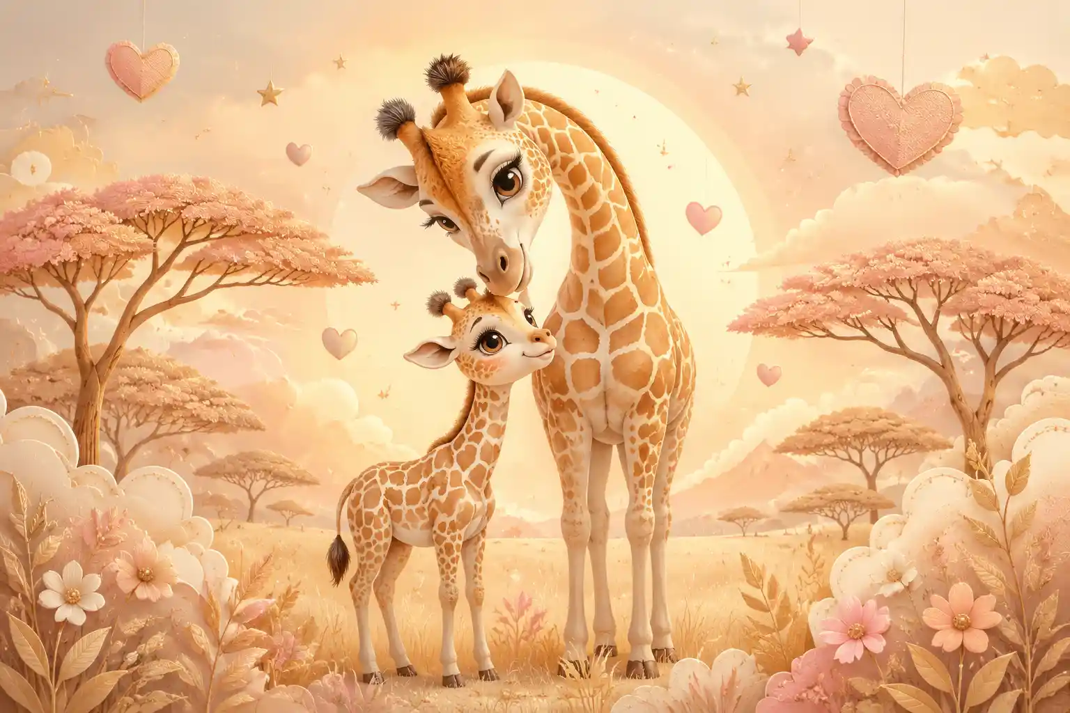 Cute baby giraffe with mother in soft savanna illustration