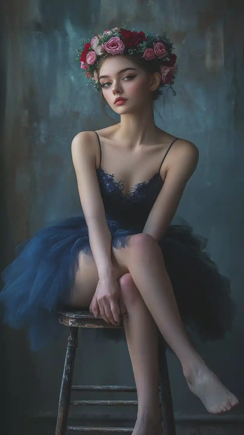 Elegant ballerina in blue tutu leaning on wooden stool