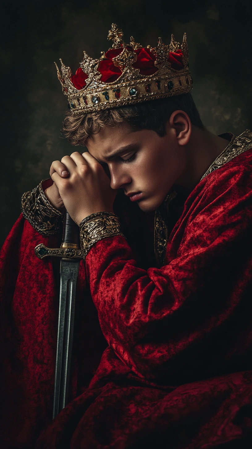 Young king in red robe resting his head on sword