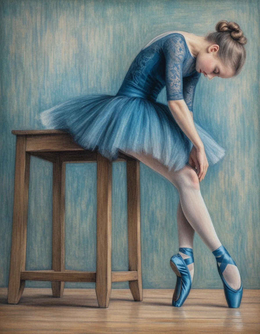 Contemplative ballerina seated on a rustic wooden stool