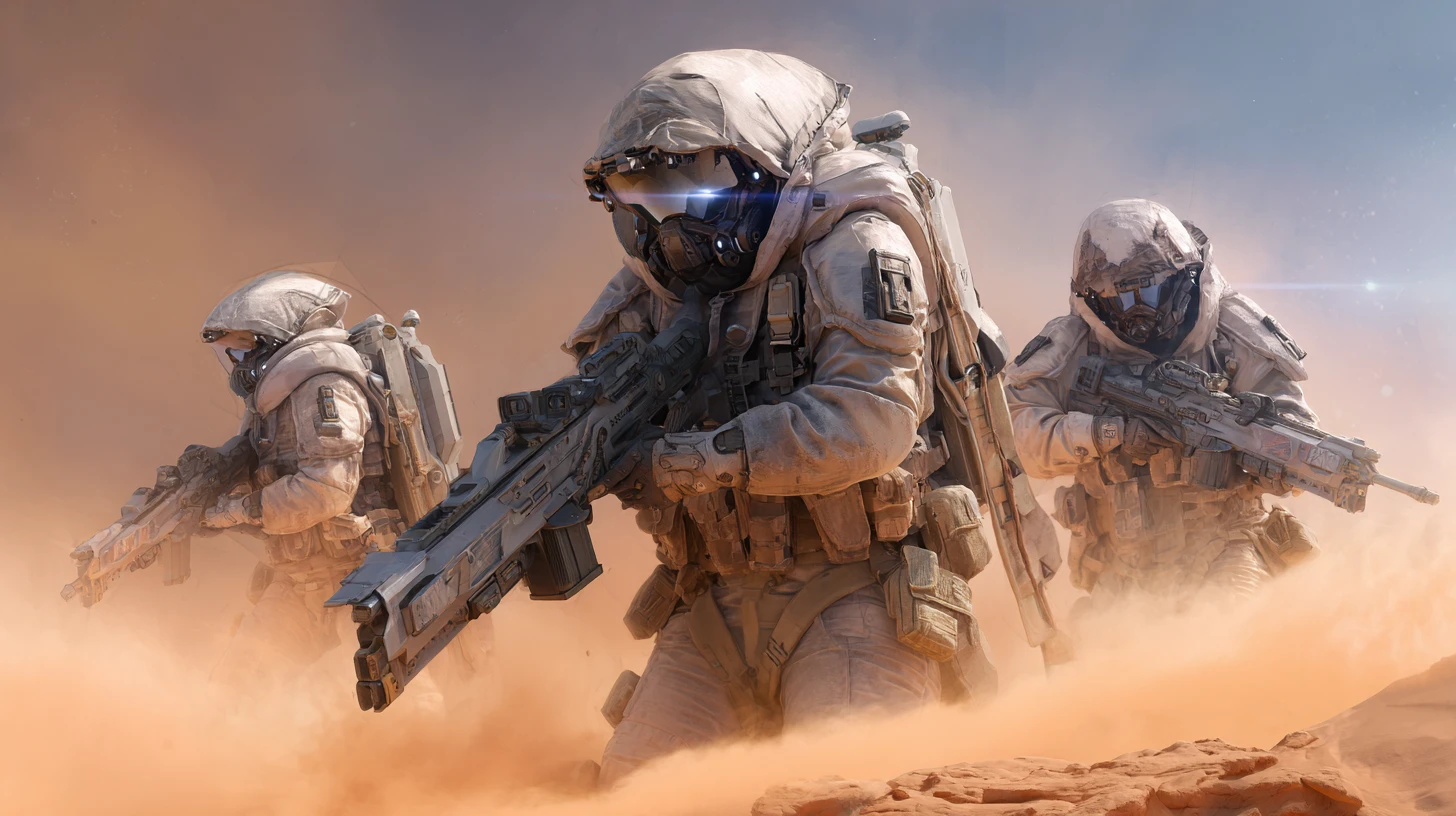 Armored marines in formation on a sci fi battlefield