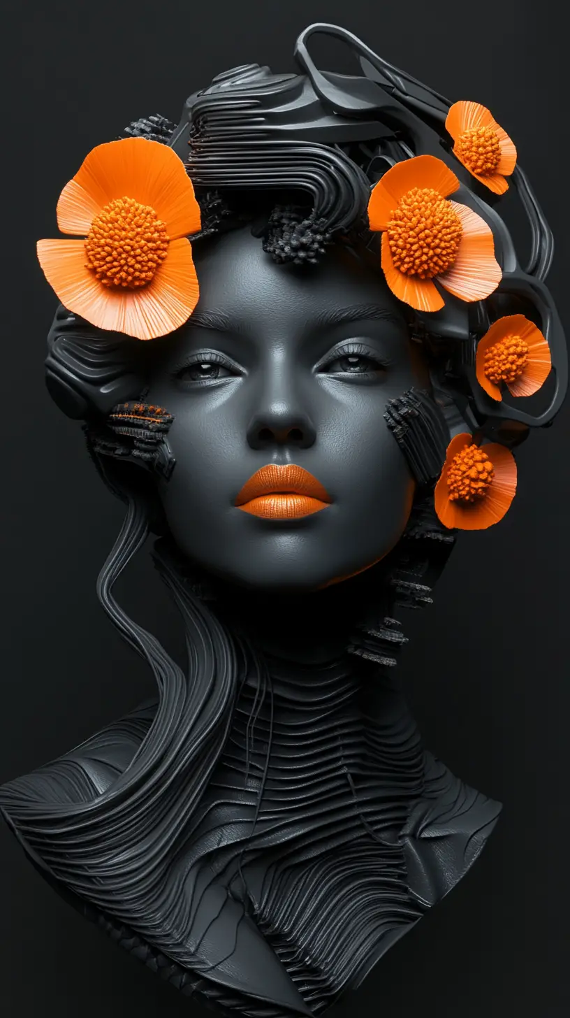 Futuristic sculpted woman portrait with geometric headpiece