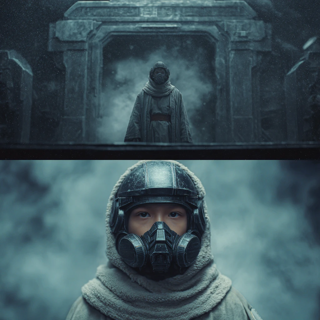 Young traveler monk before a dark metallic monastery gate