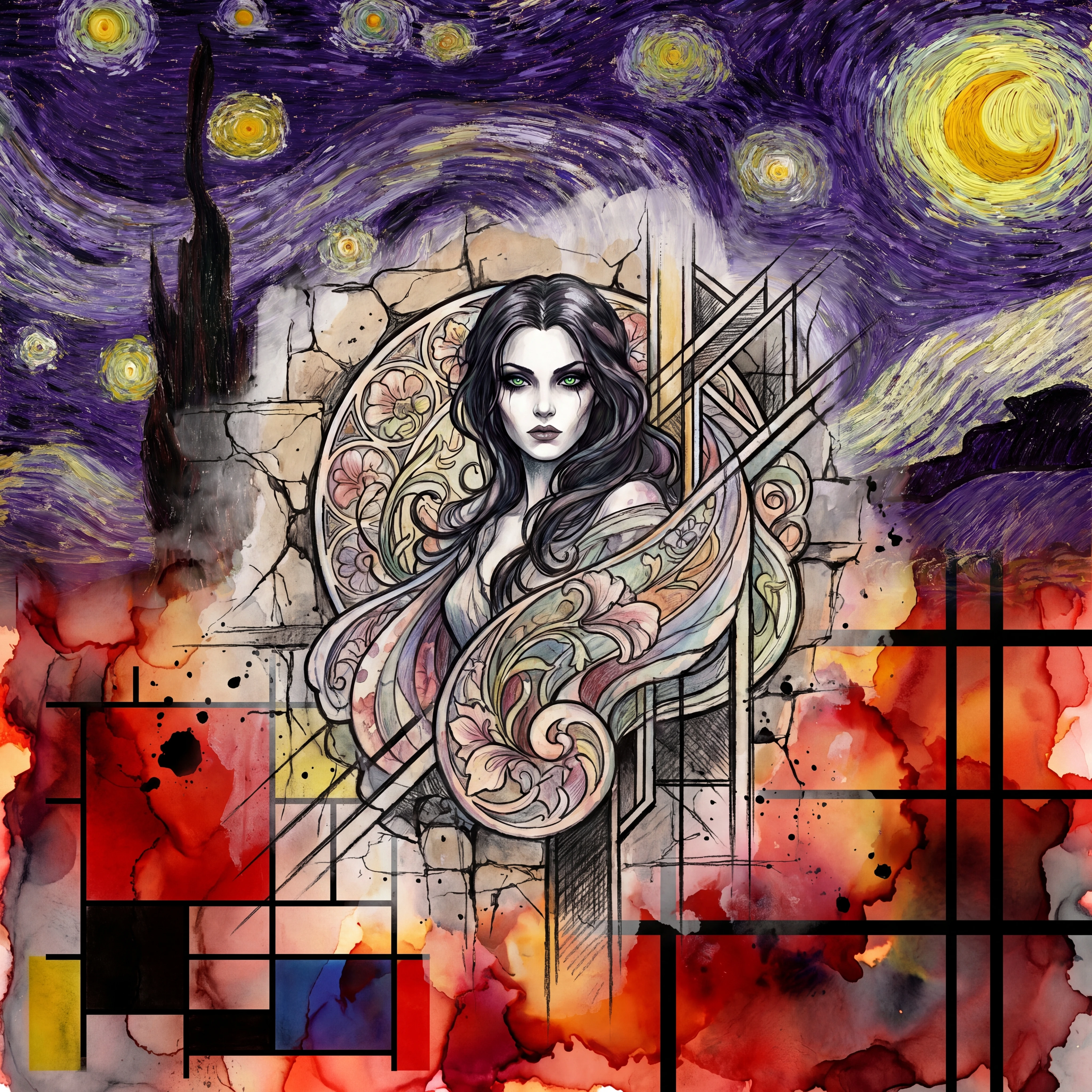 Gothic woman emerging from a cracked mystical wall