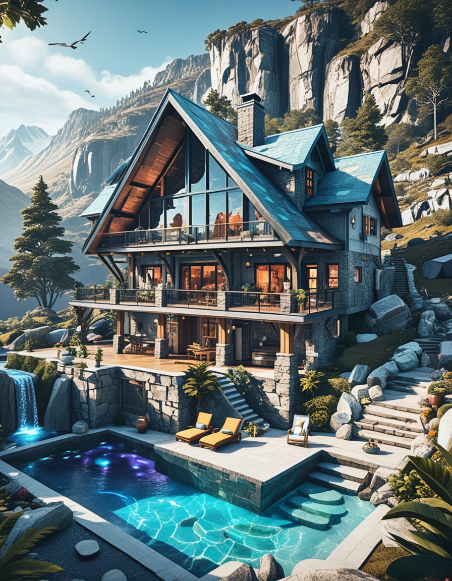 Luxuriöse Berghütte mit rustikalem Stein und dunklem Holzdesign