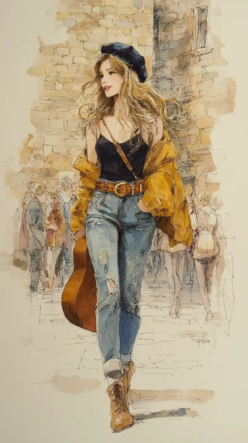 Bohemian woman walking with guitar against rustic stone wall