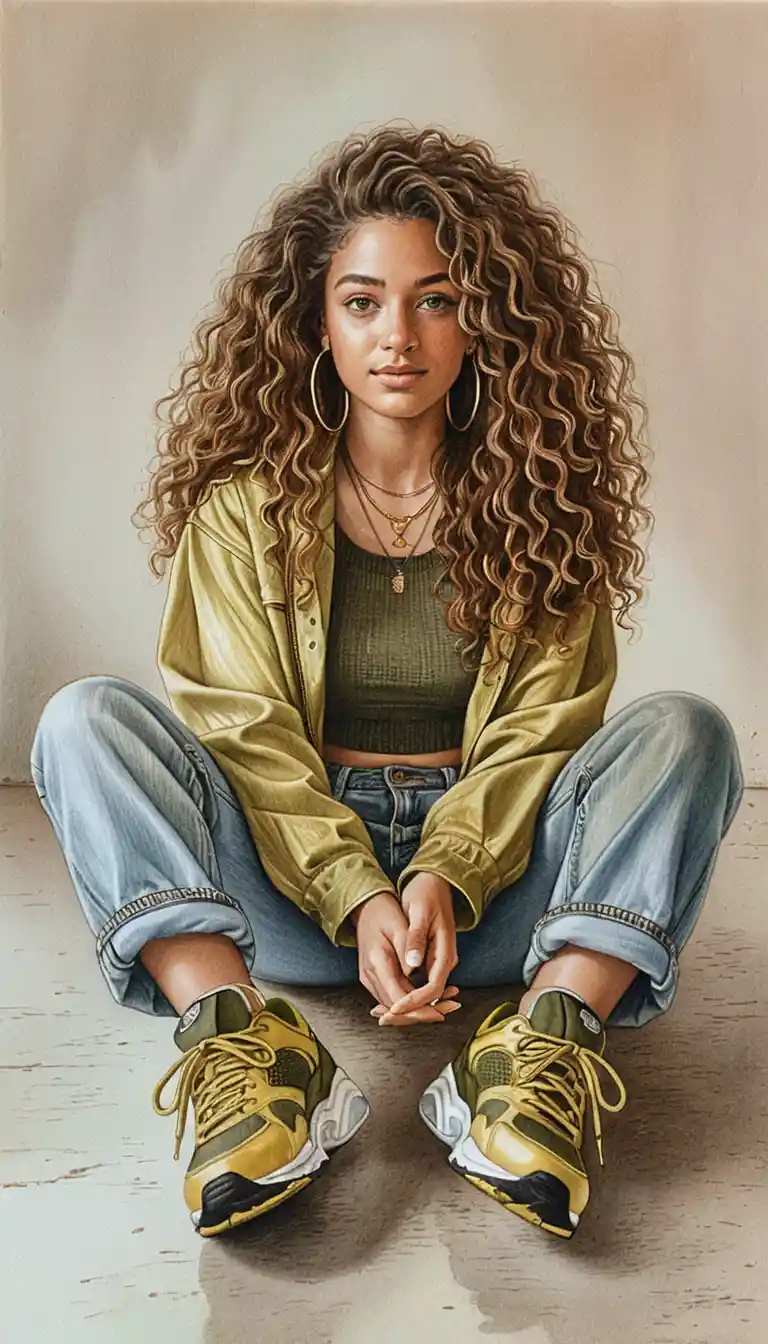Seated woman with curly hair in casual streetwear