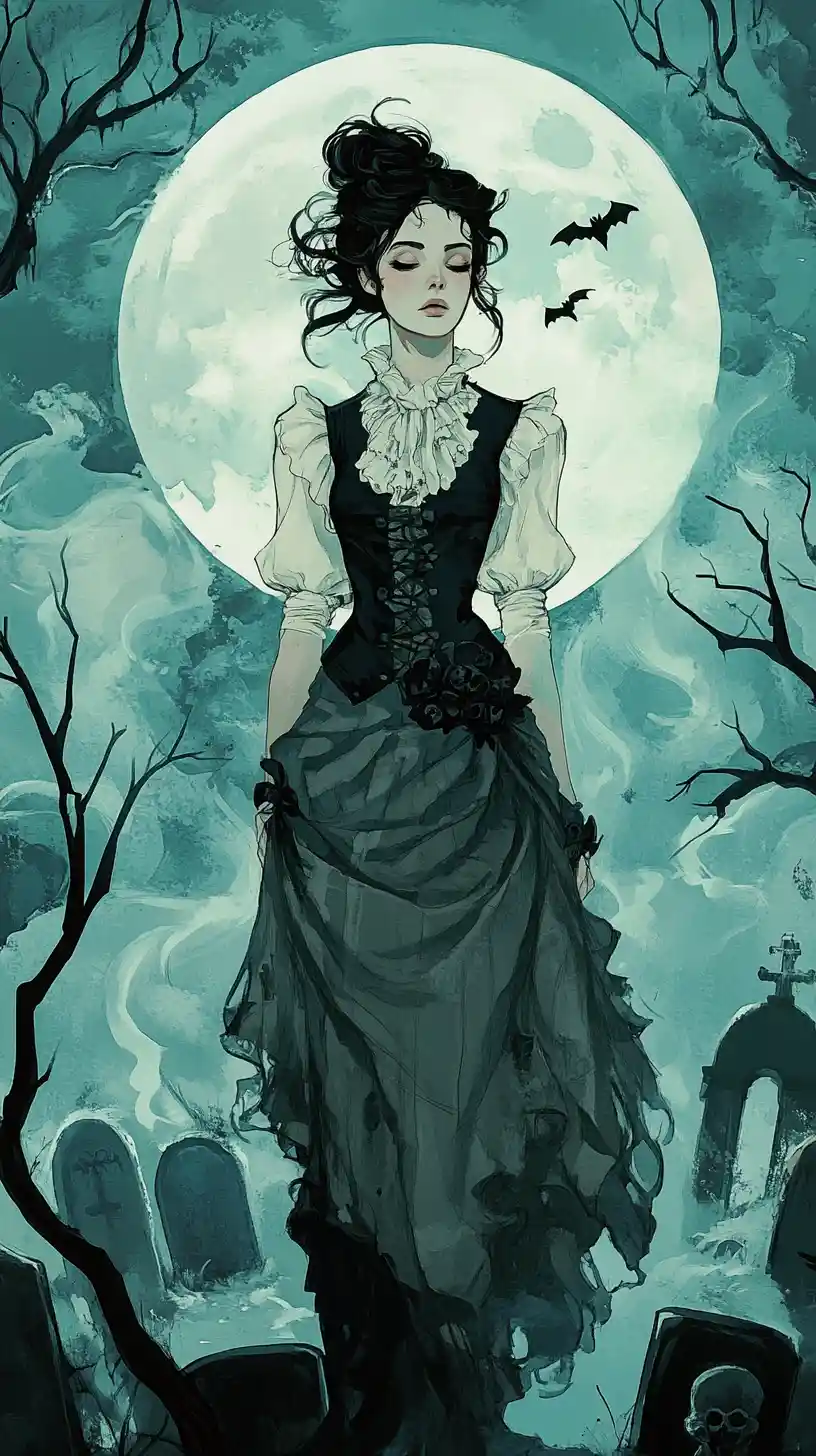 Gothic woman in a haunted graveyard under a full moon