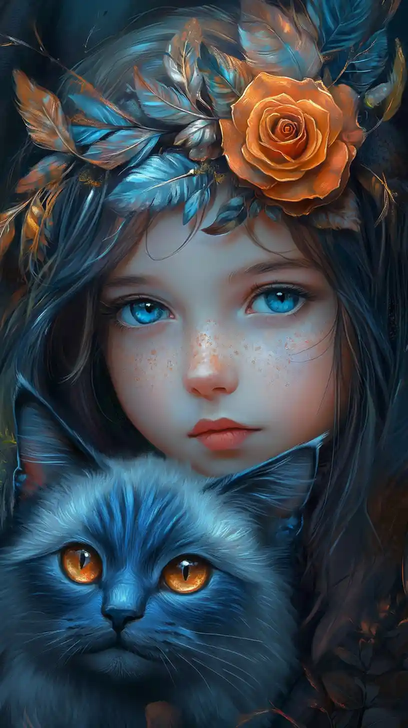 Girl With Fantasy Cat In Enchanted Forest Portrait