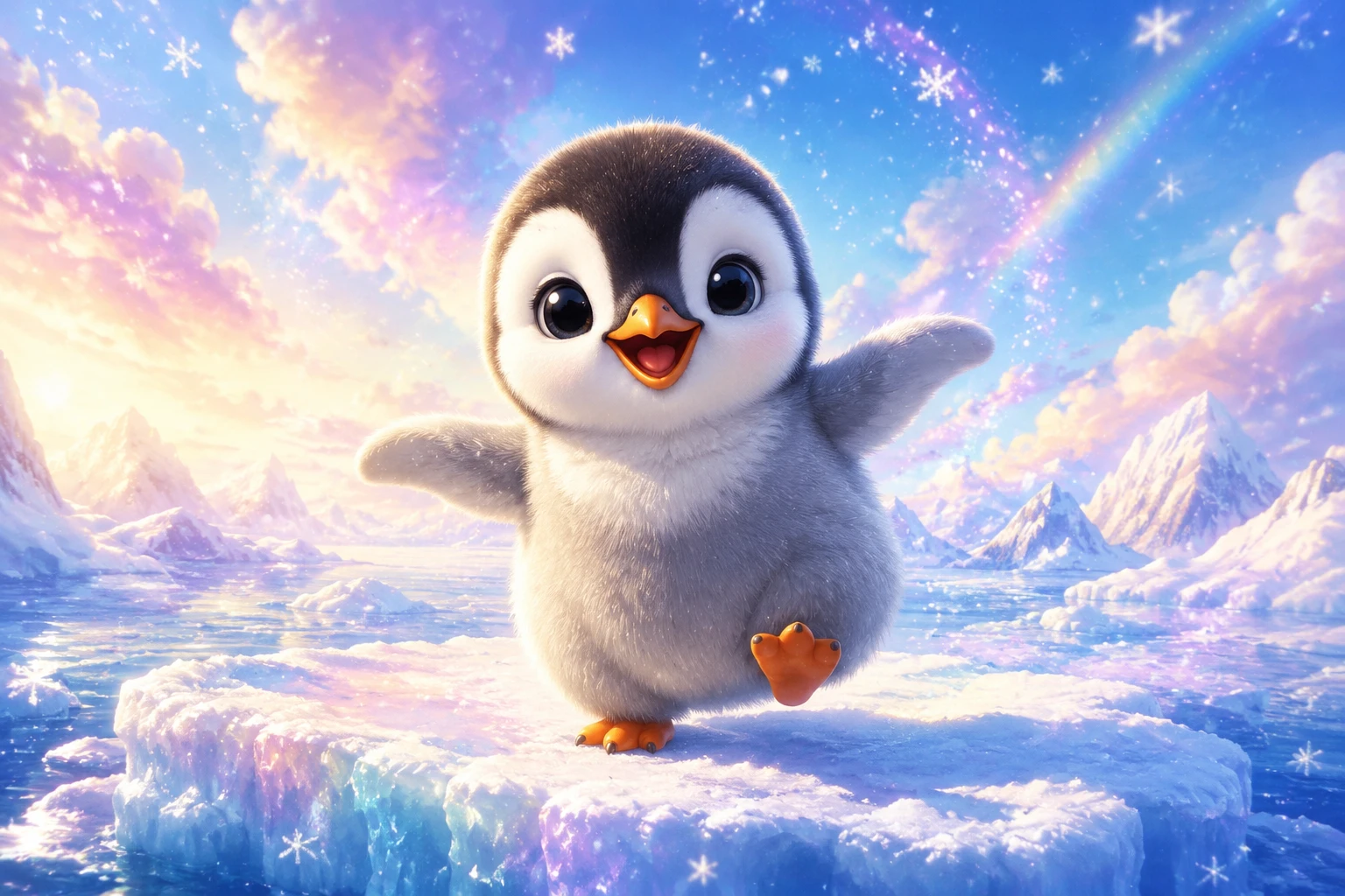 Cute baby penguin on snowy ice in cartoon style