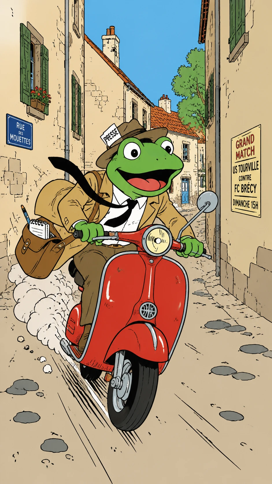 Reportero rana alegre corriendo en scooter por la calle del pueblo
