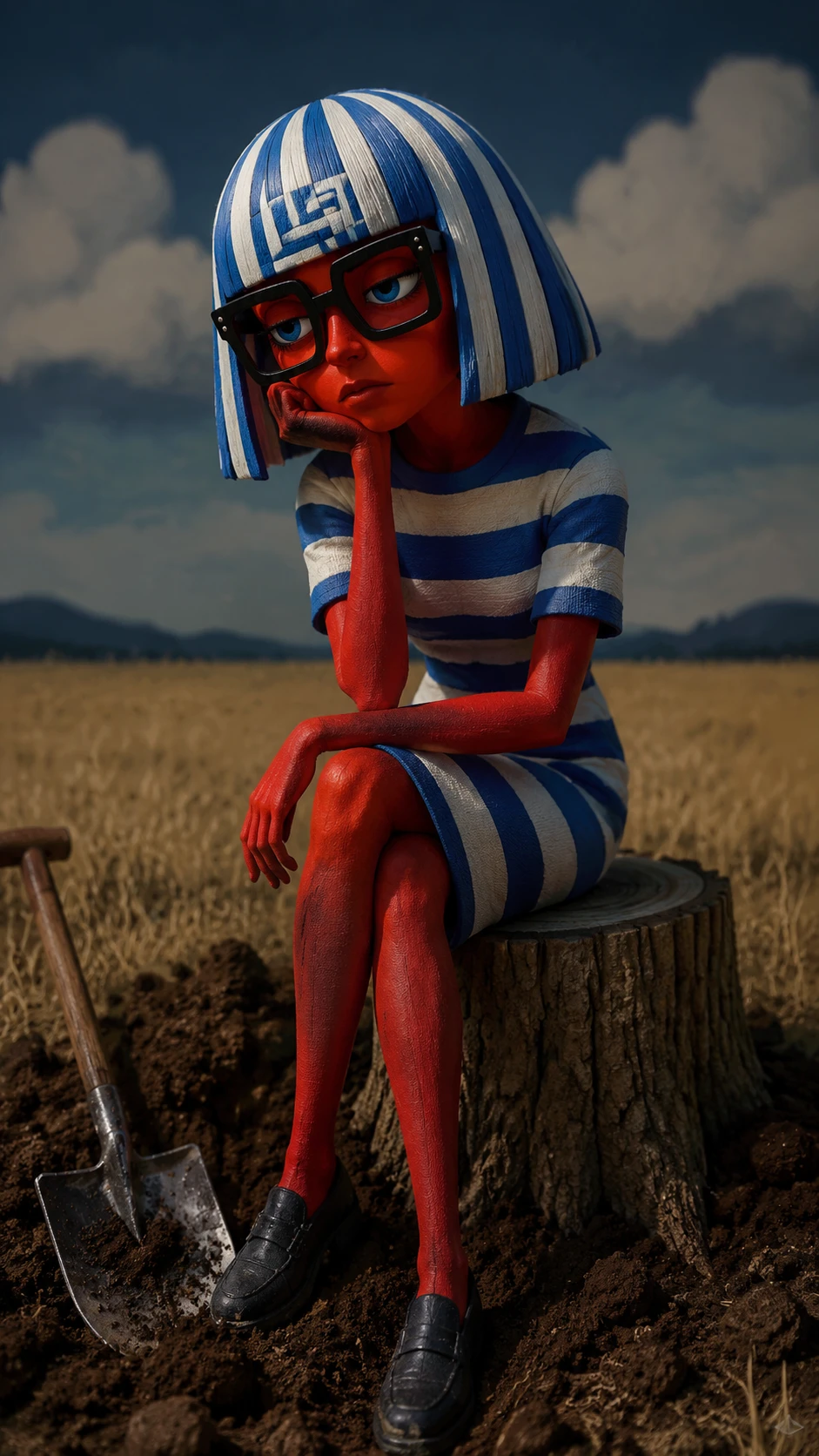 Stylized woman with blue and white hair sitting on a stump