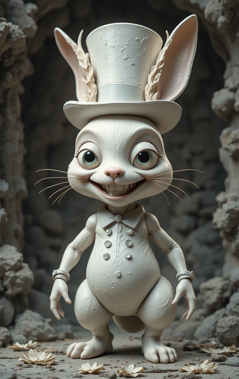 White 3D rabbit with top hat and goofy smiling face