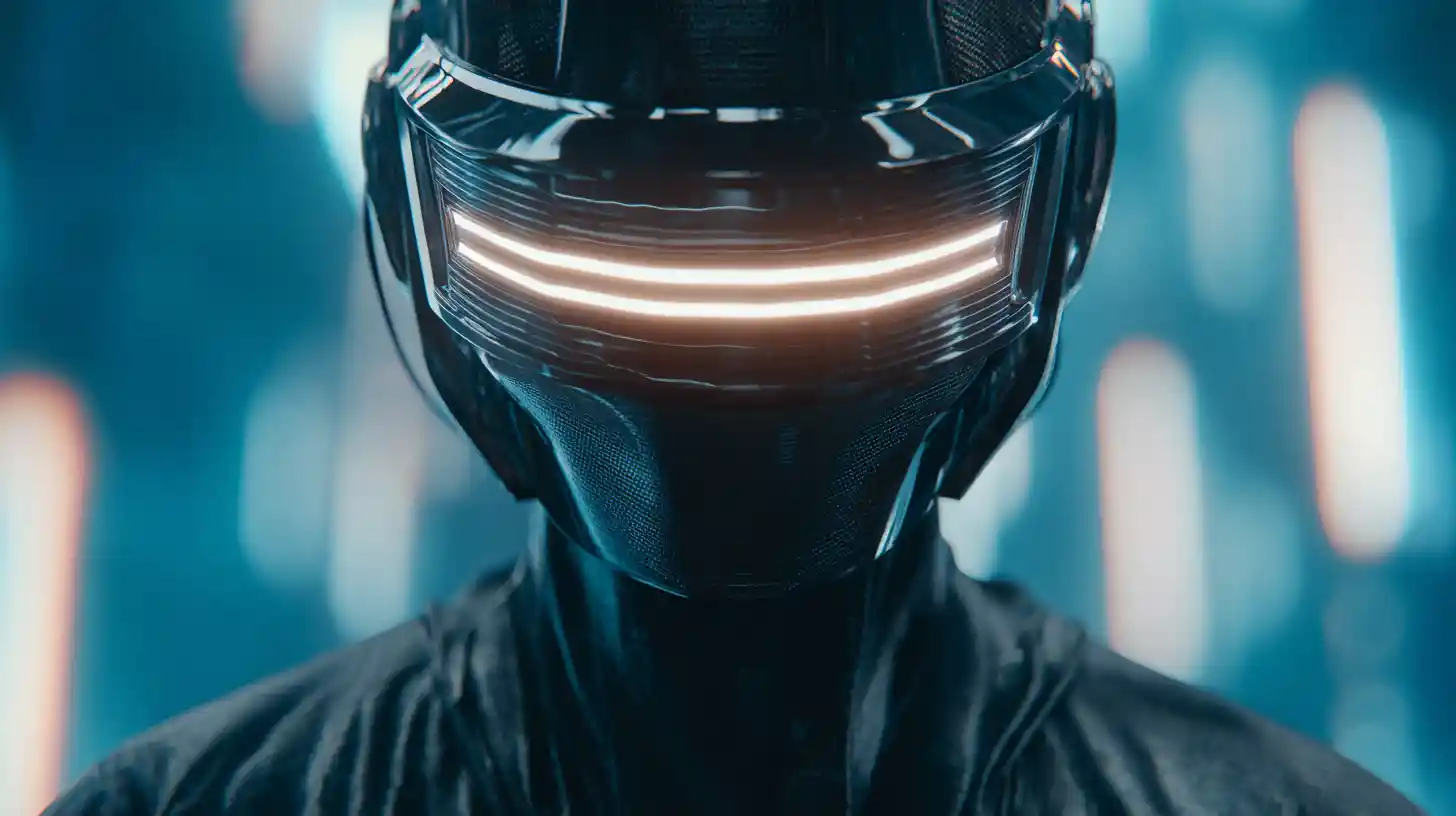 身穿黑色裝甲、配有發光頭盔顯示器的未來感男子