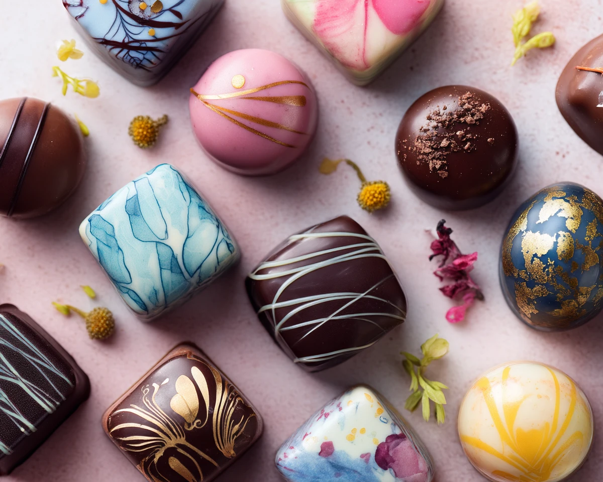 Elegante flat lay de chocolates y dulces gourmet