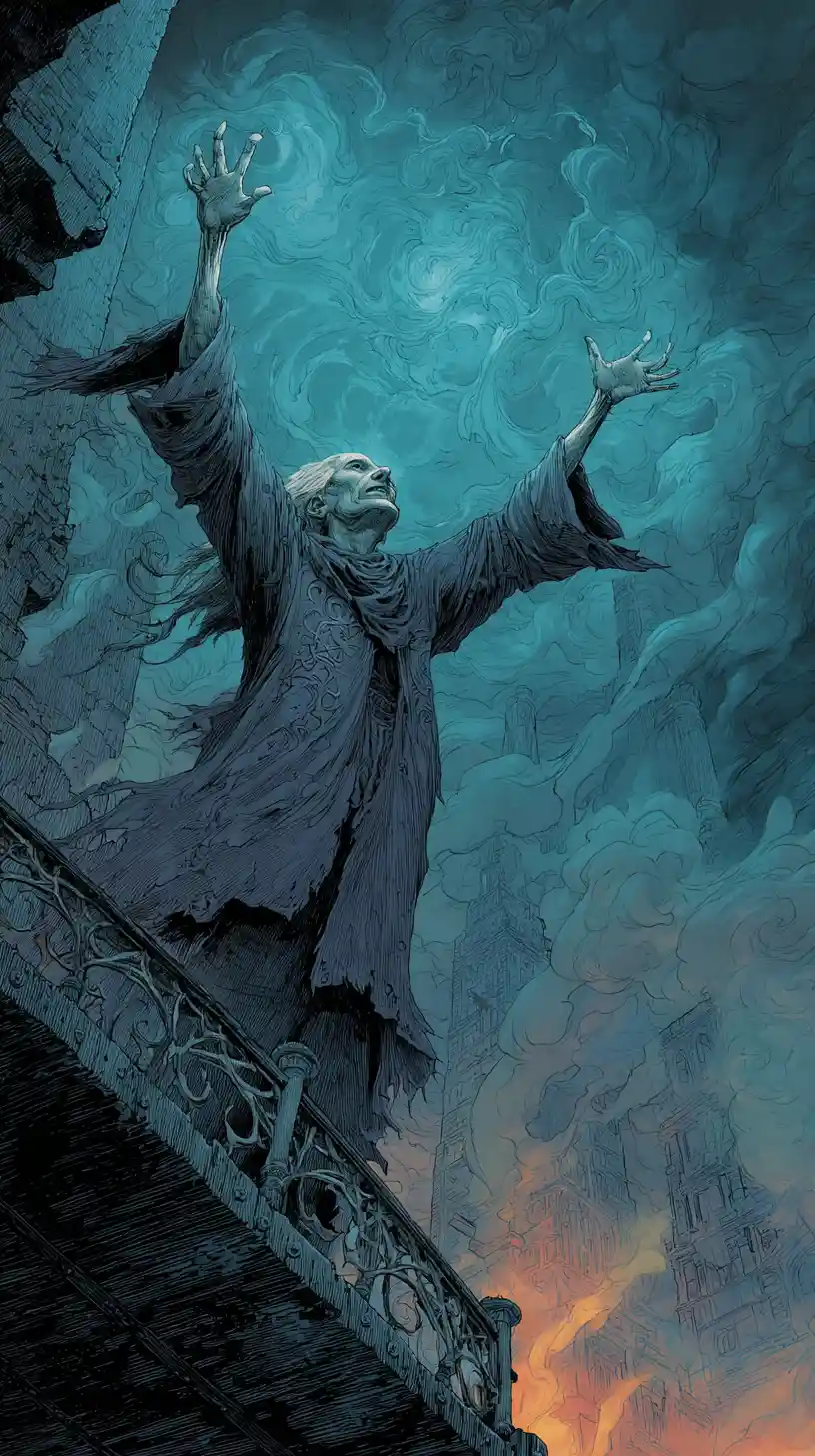 Ancient Wizard Summoning Magic On Glass Tower Balcony