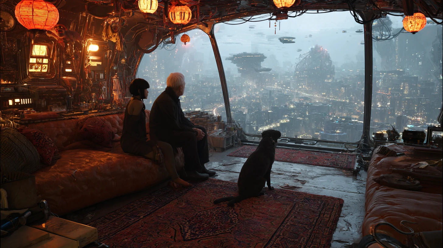 Niña asiática con su abuelo en una sala de estar futurista