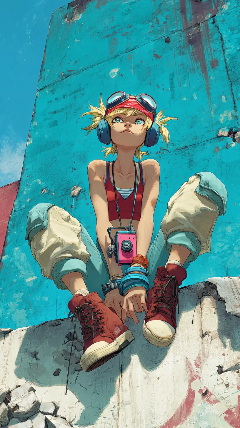 Anime girl listening to music against blue urban wall