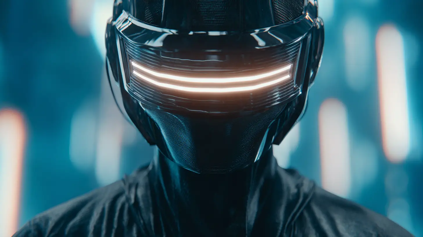 Futuristic man in black armor with glowing helmet display