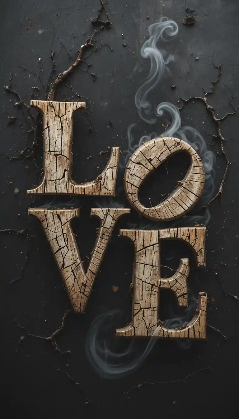 Burnt wood turning into coffee steam letters spelling love