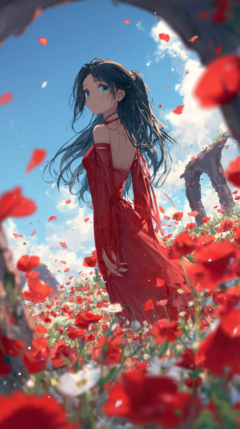 Mujer de anime con vestido rojo en un campo de amapolas resplandeciente