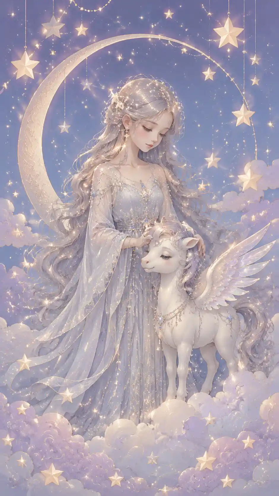 Sanfte Sternenlicht-Magdt mit Baby-Pegasus zwischen Pastellwolken