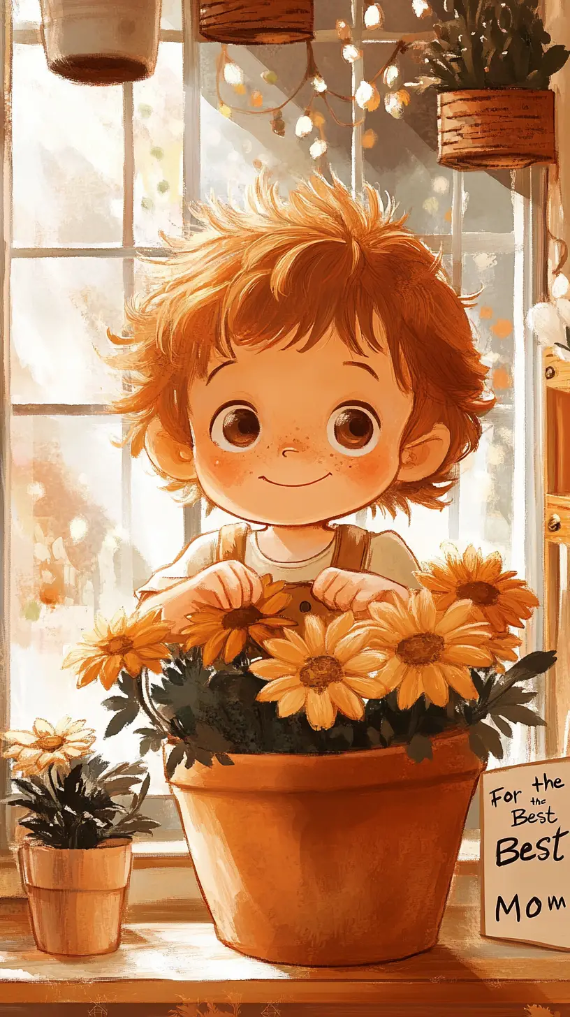 Child peeking from chrysanthemum pot in cozy greenhouse