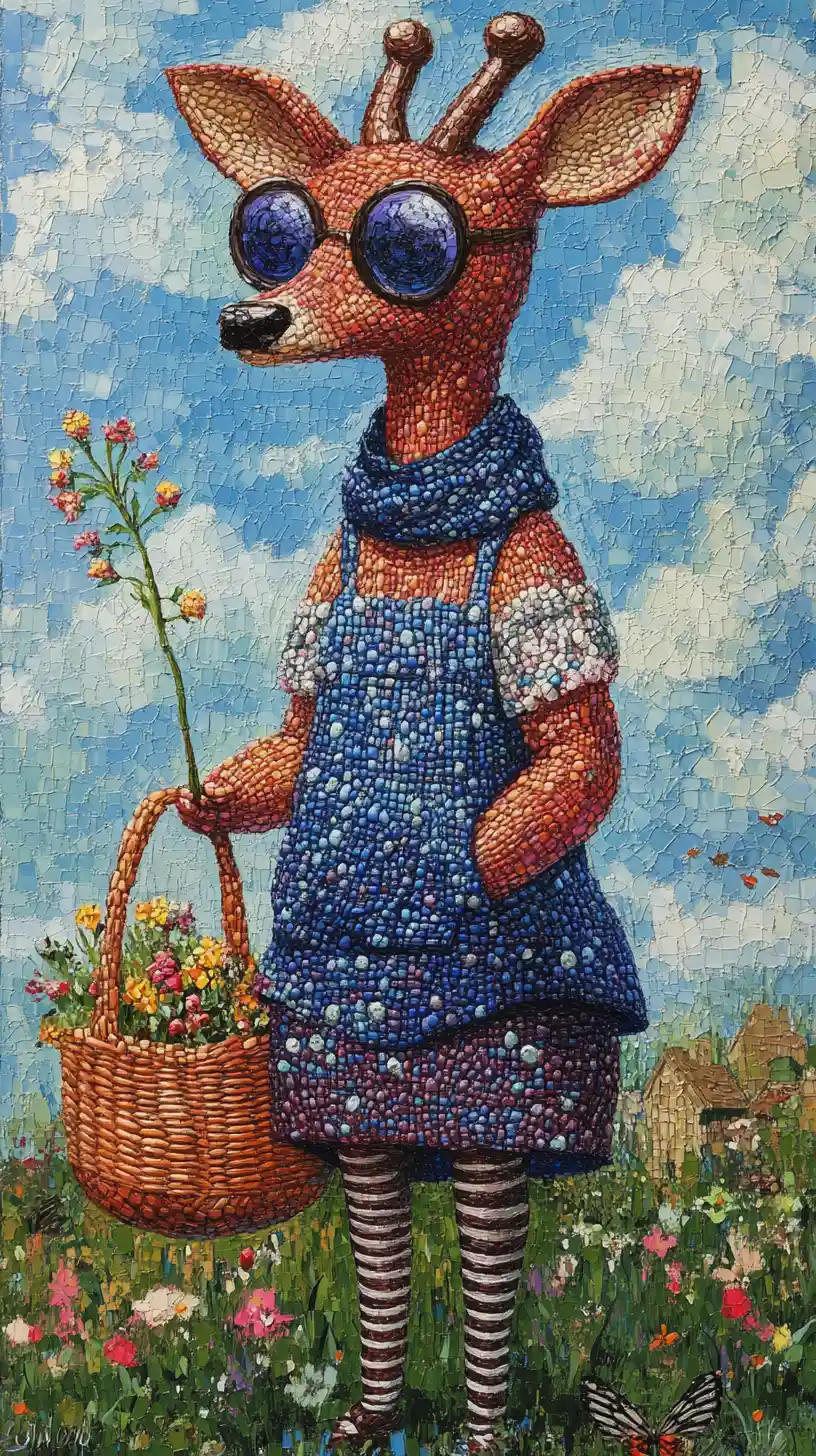 Anthropomorphic Deer In Blue Dress Smiling In Sunny Meadow