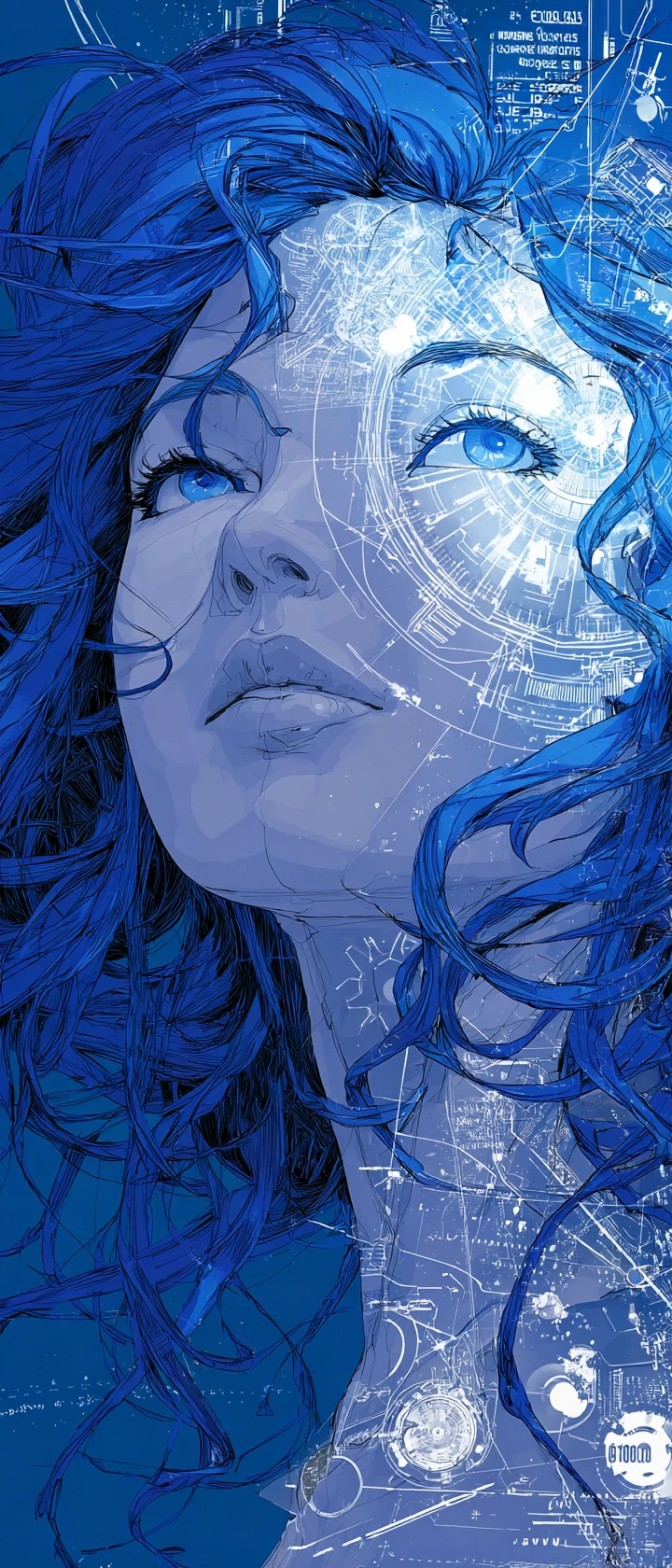 Retrato de chica de anime con doble exposición biomecánica surrealista
