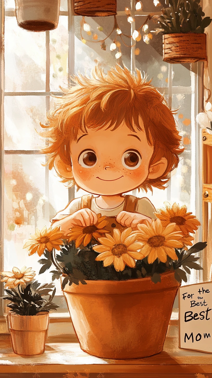 Child peeking from chrysanthemum pot in cozy greenhouse