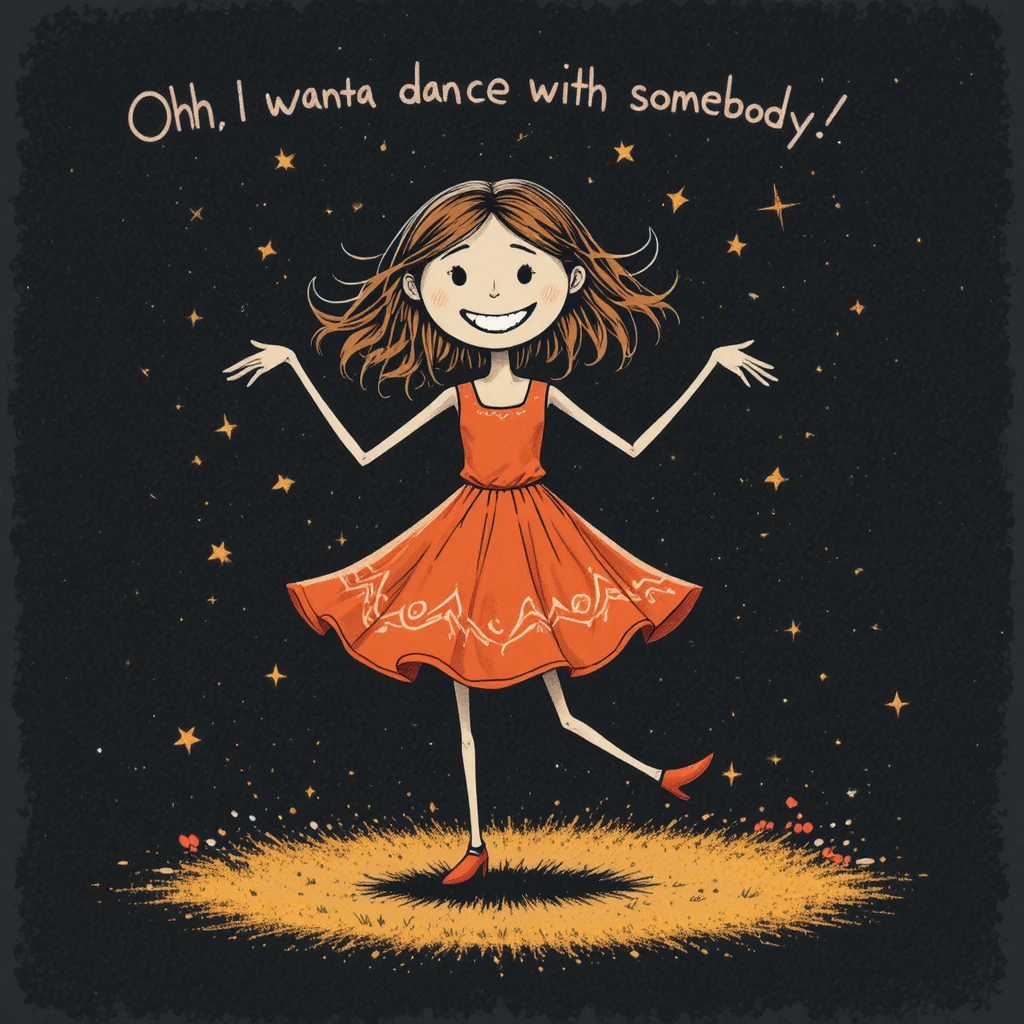 Joyful stick figure girl dancing with playful song caption