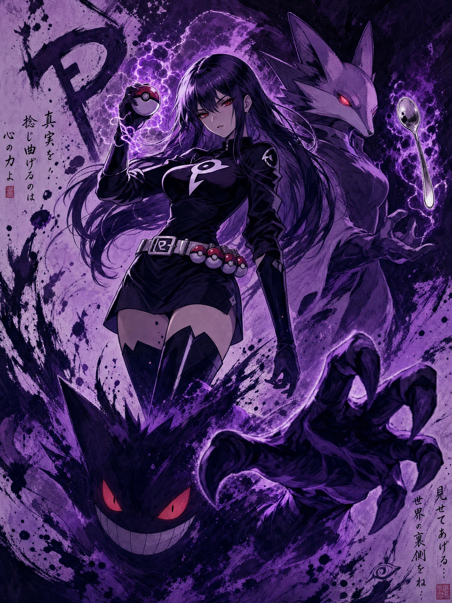 Mujer psíquica de anime con Pokémon fantasmal en caos de tinta