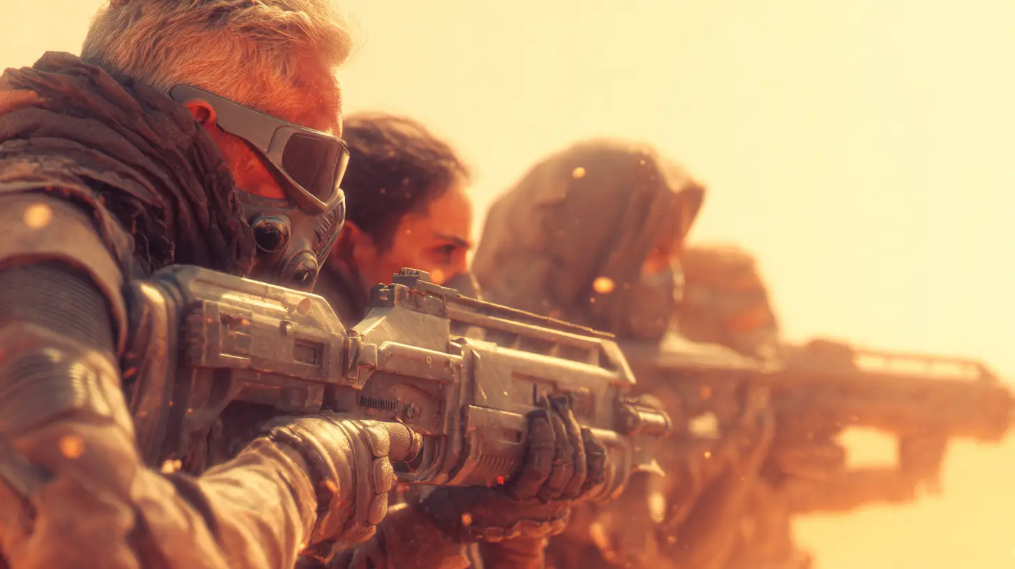 Sci fi marines aiming smartgun on desert battlefield