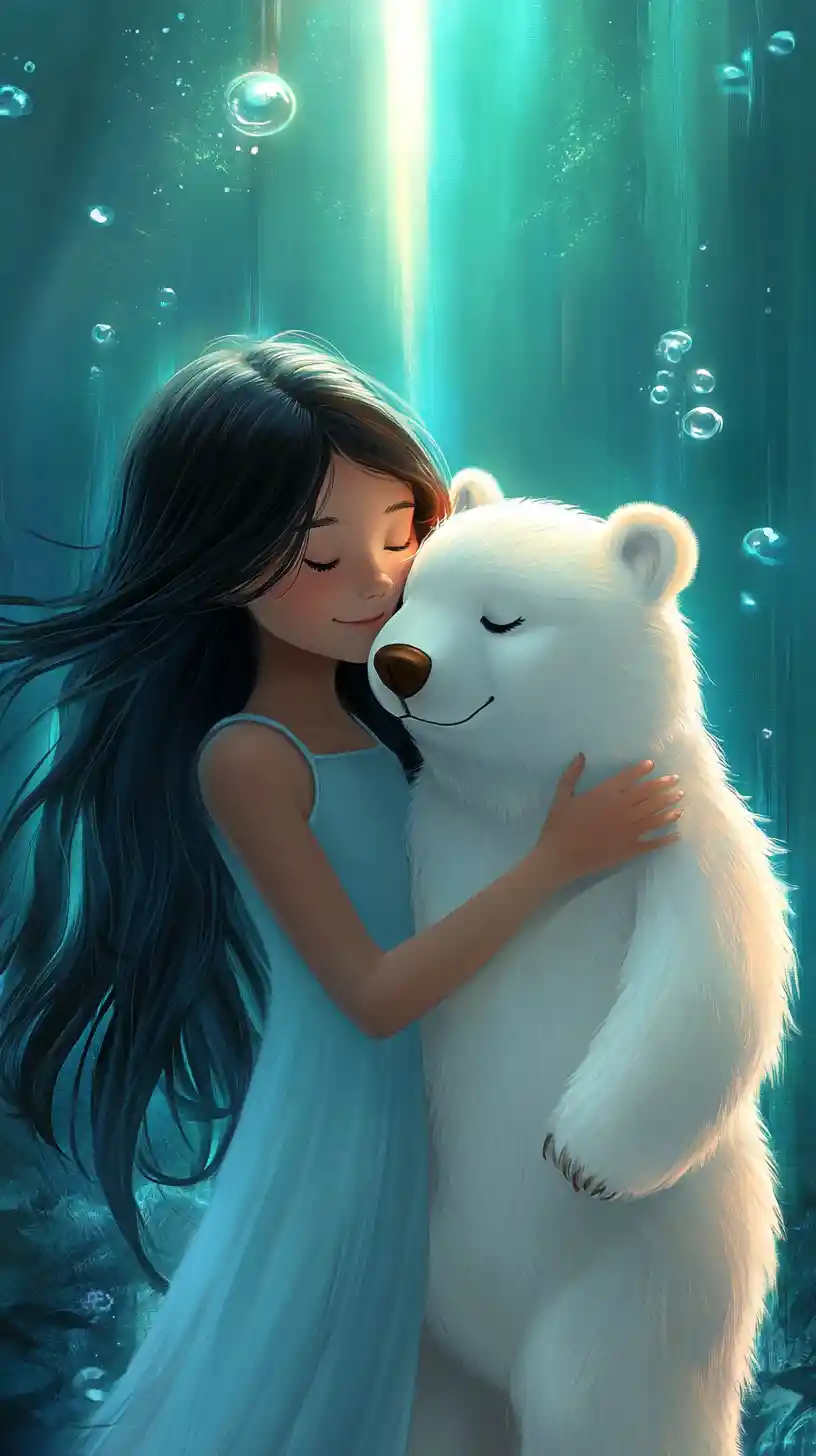 Girl Hugging Polar Bear Toy In Dreamy Underwater Light