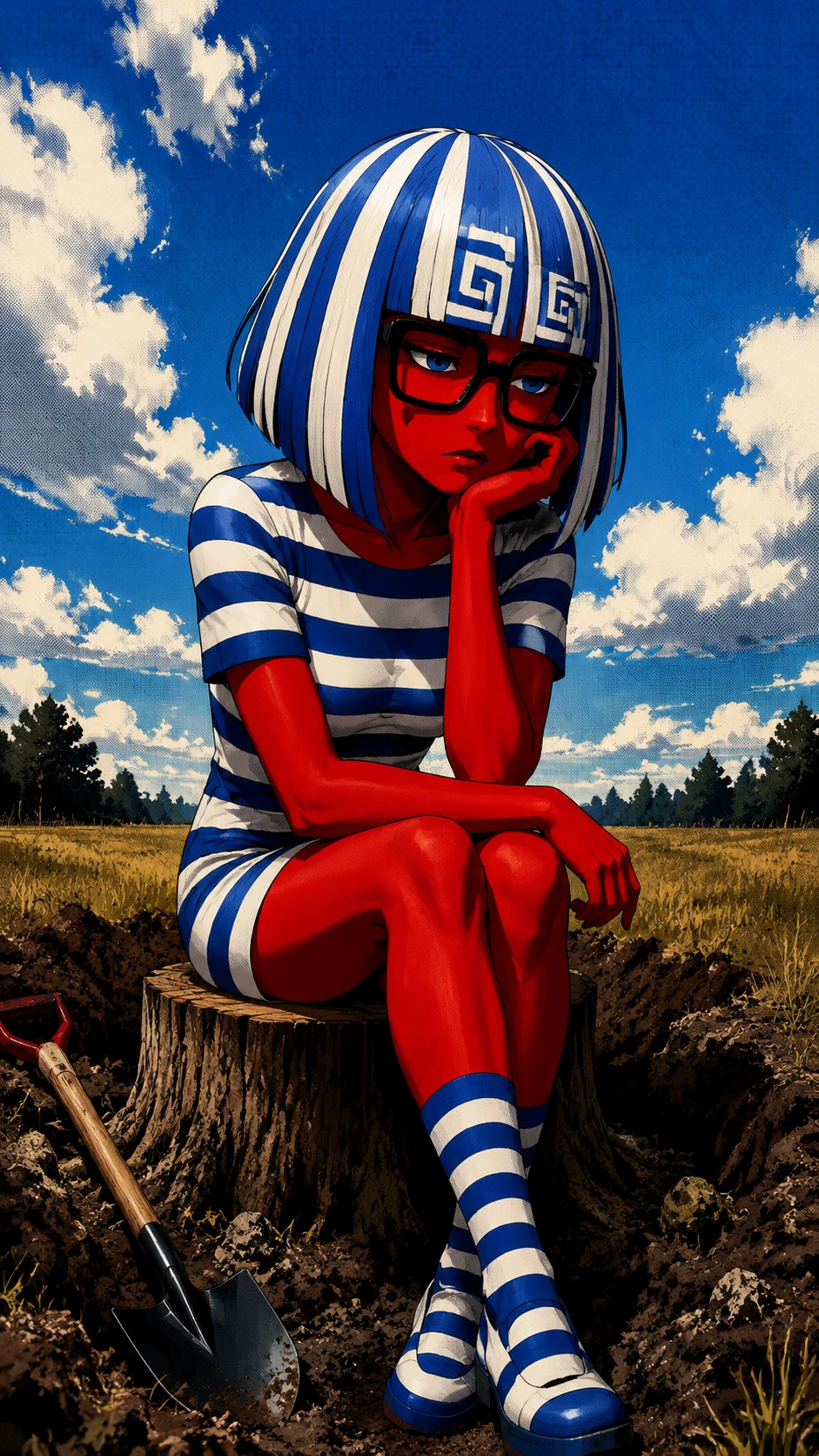 Woman with striped hair sitting thoughtfully on a stump
