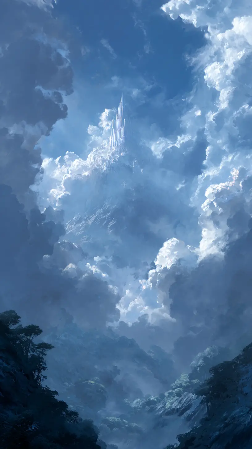 Majestic fantasy monument rising through clouds and mist