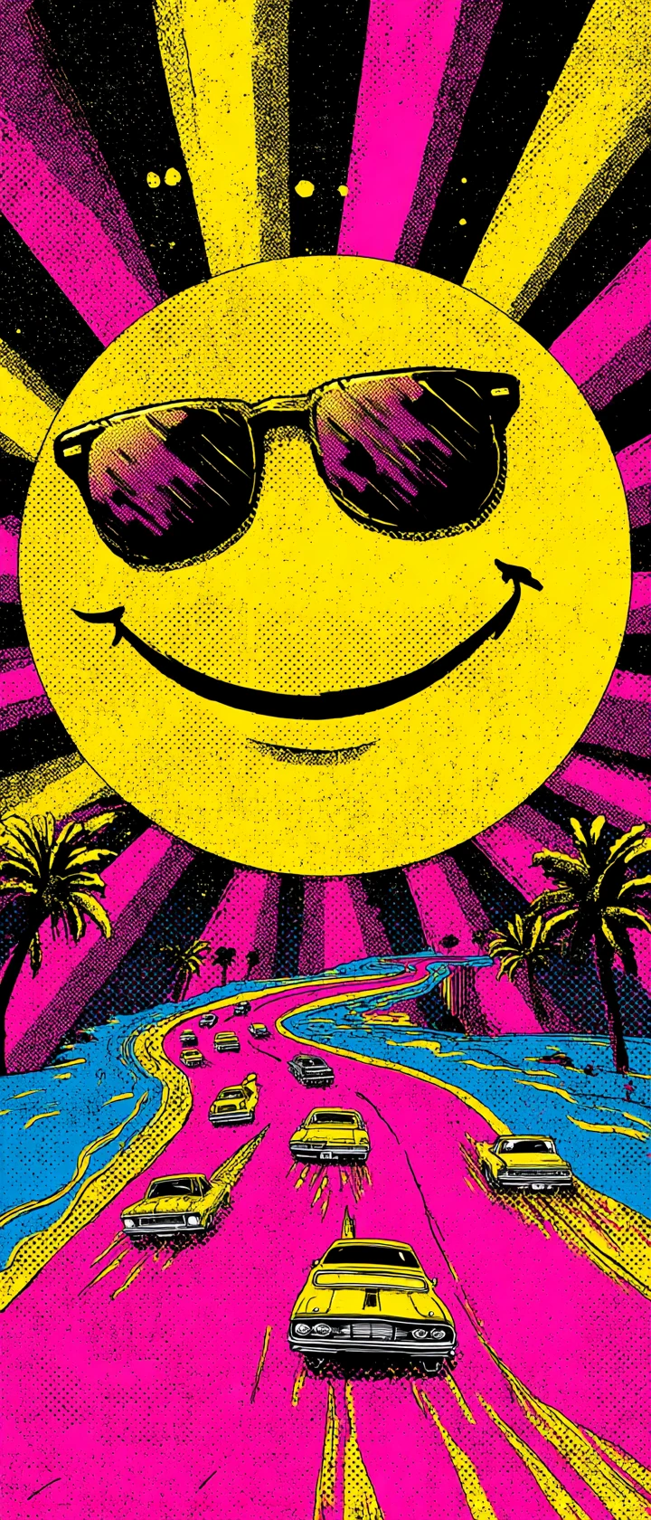 Sol retro pop art con gafas de sol sobre una autopista rosa infinita