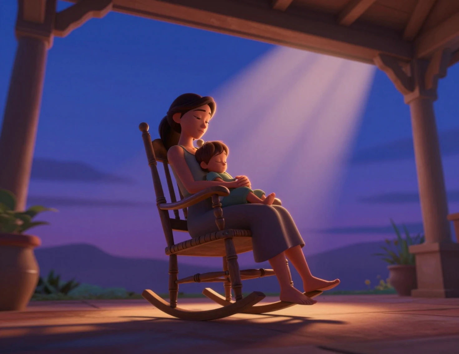 Mother holding sleeping child on rocking chair at twilight
