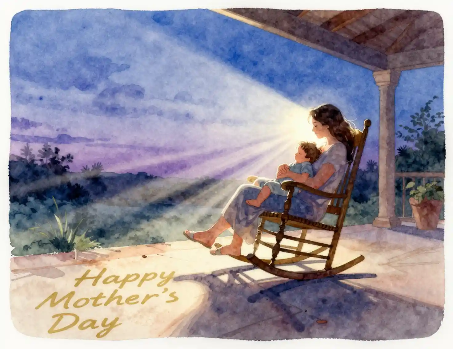 Mother holding sleeping child on rocking chair at twilight patio