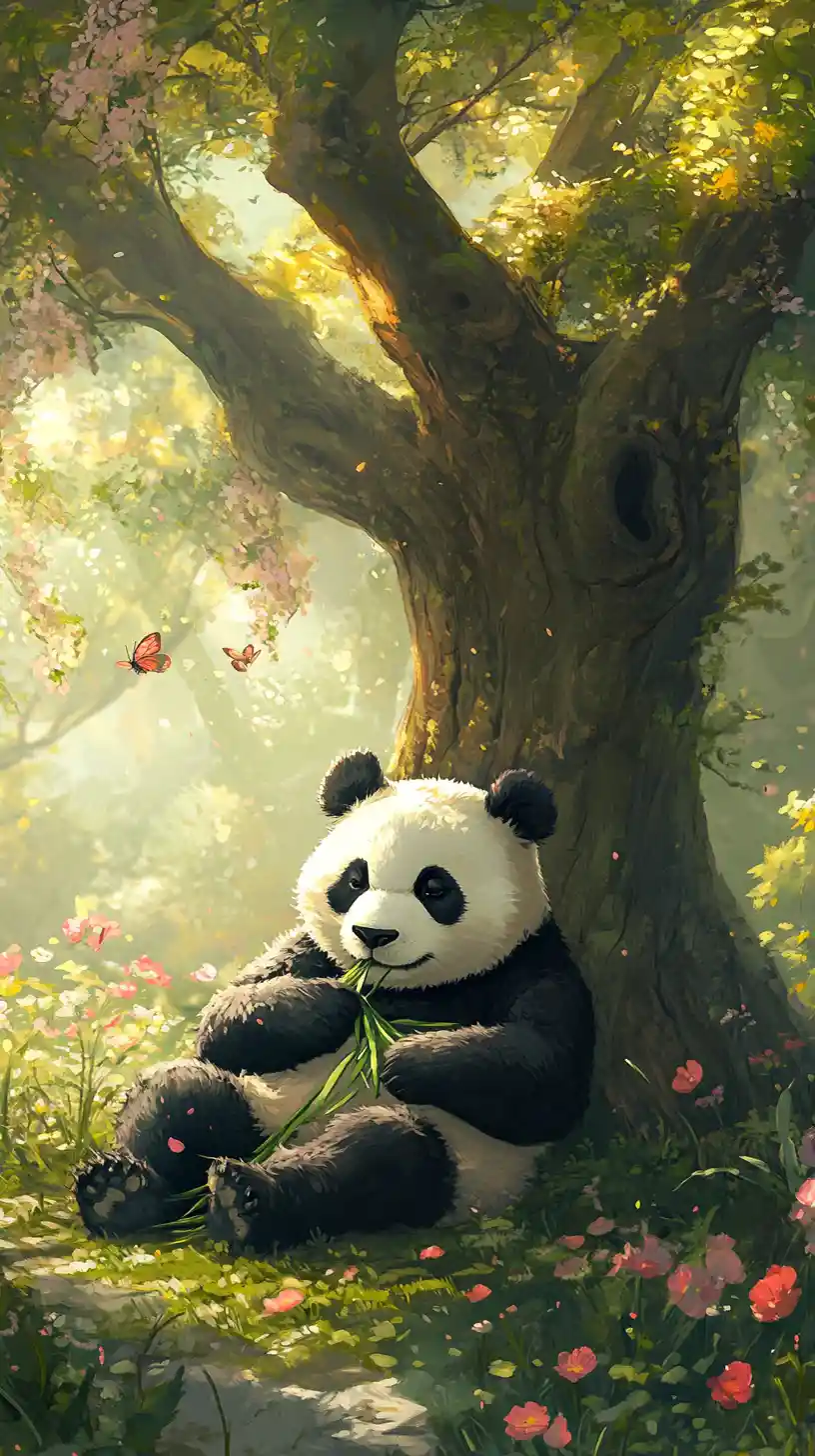 Panda soddisfatto che mangia bambù sotto un albero estivo in fiore