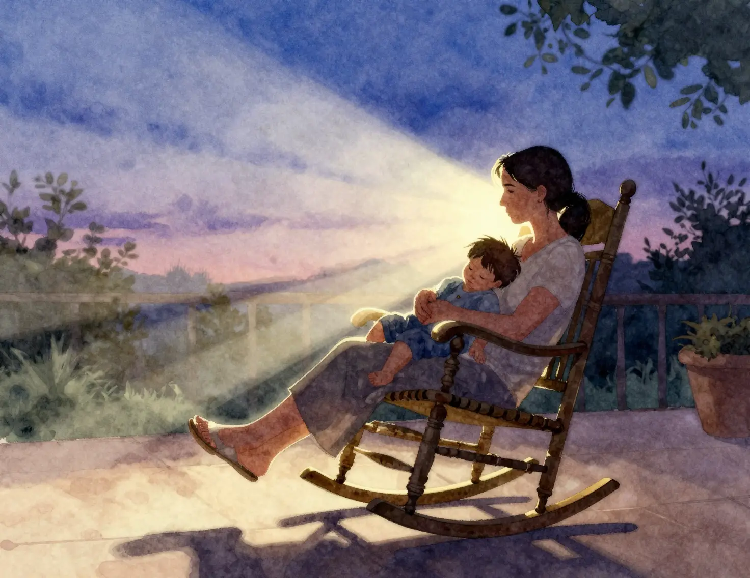 Mother cradling a sleeping child on a patio at twilight